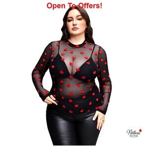 Plus Size Mesh Top Sheer Long Sleeve Blouse Floral Print Pull On